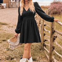 V-Neck Long Sleeve Smocked Waist Mini Dress