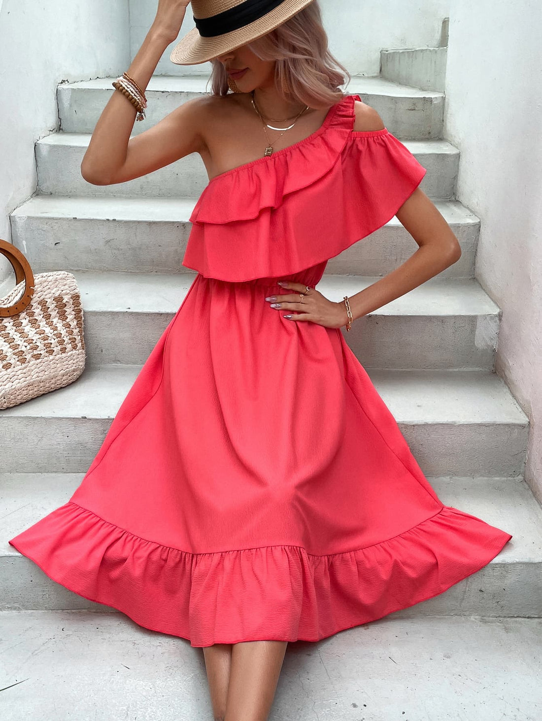 One-Shoulder Ruffle Hem Dress