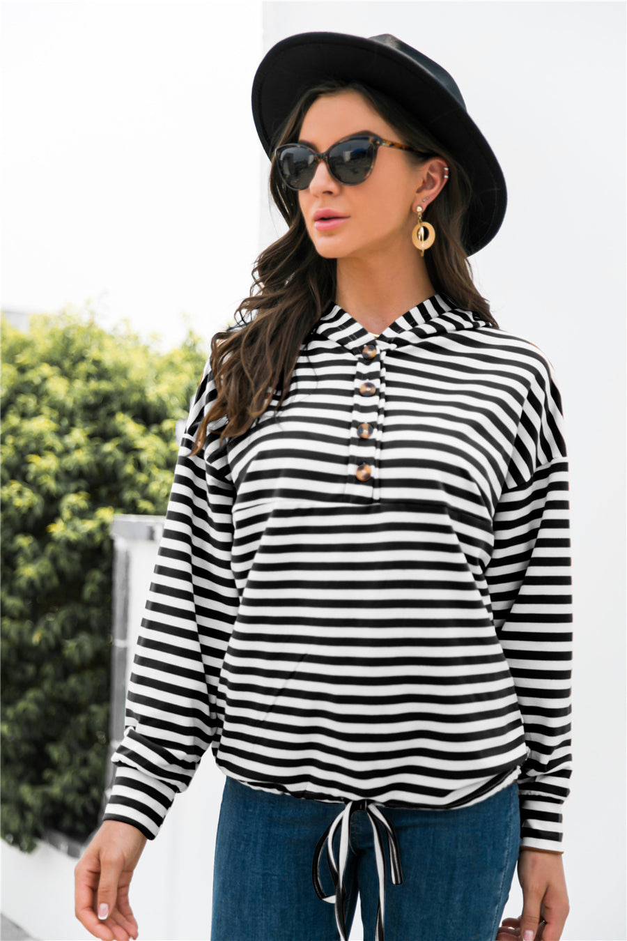 Striped Half-Button Dropped Shoulder Hoodie