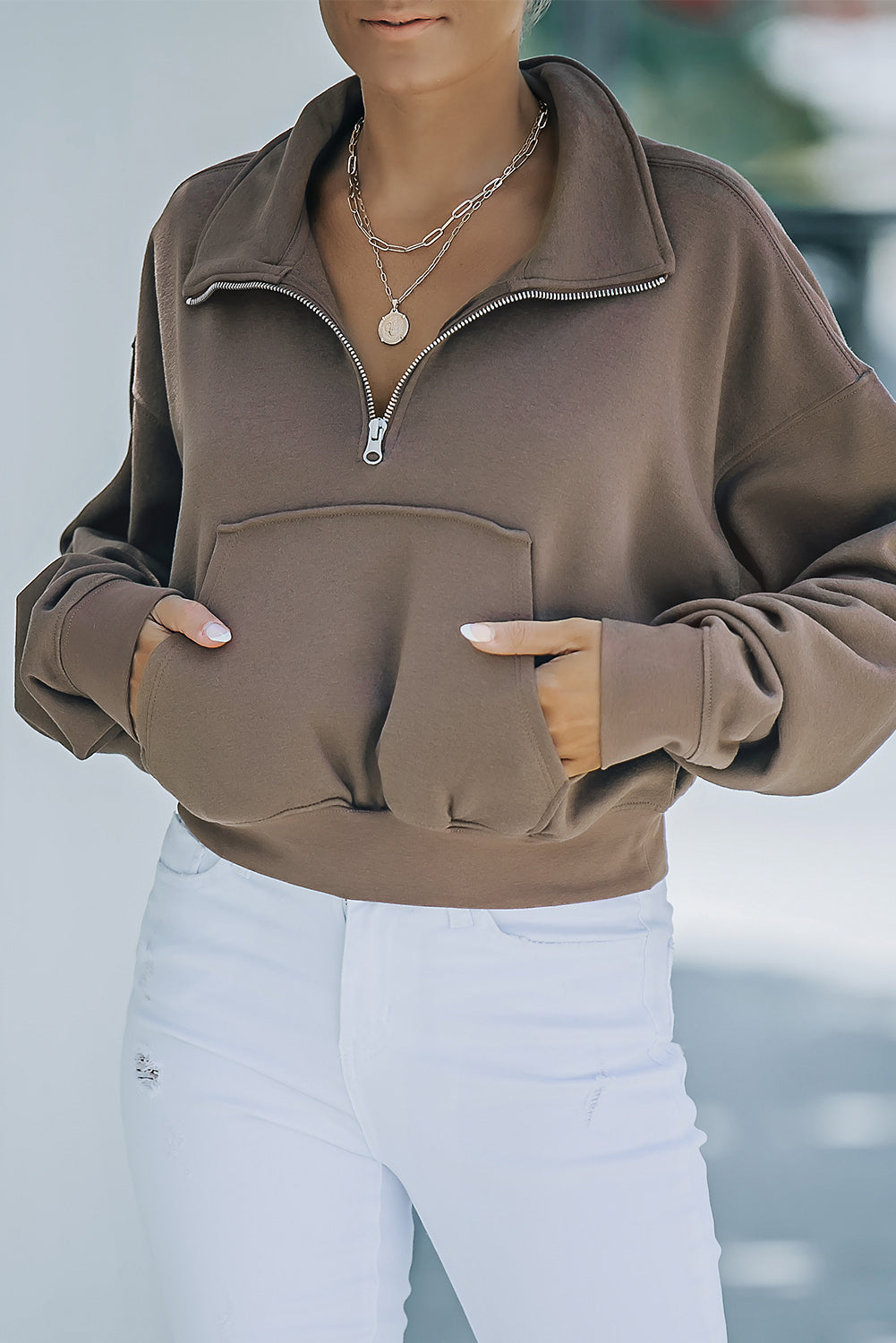 Quarter Zip Dropped Shoulder Sweatshirt with Kangaroo Pocket