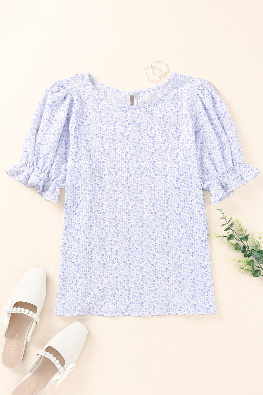 Printed Round Neck Half Flounce Sleeve Top