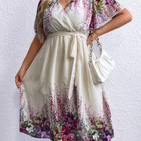 Plus Size Floral Tie Waist Surplice Neck Dress