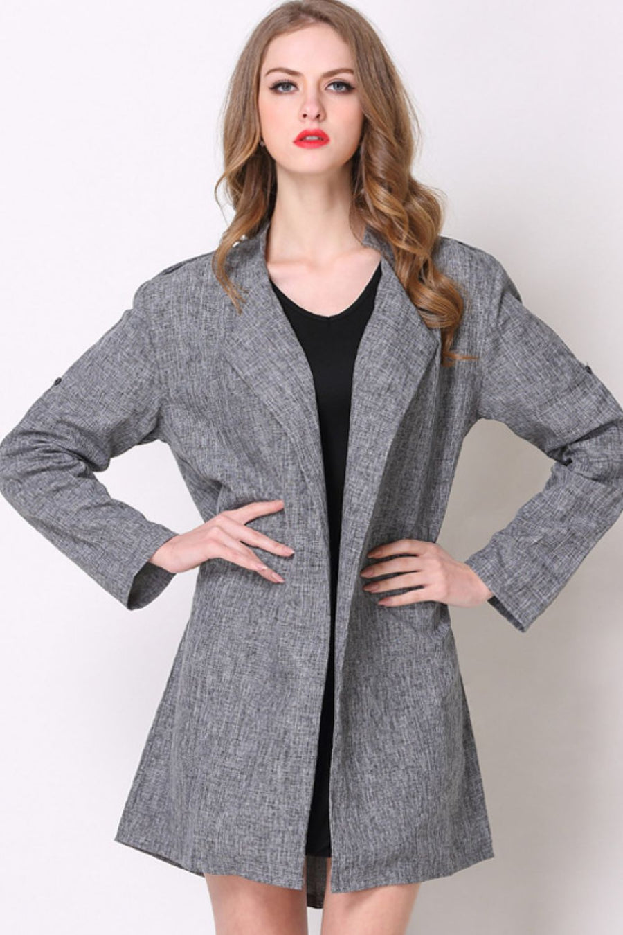 Plus Size Heathered Open Front Trench Coat