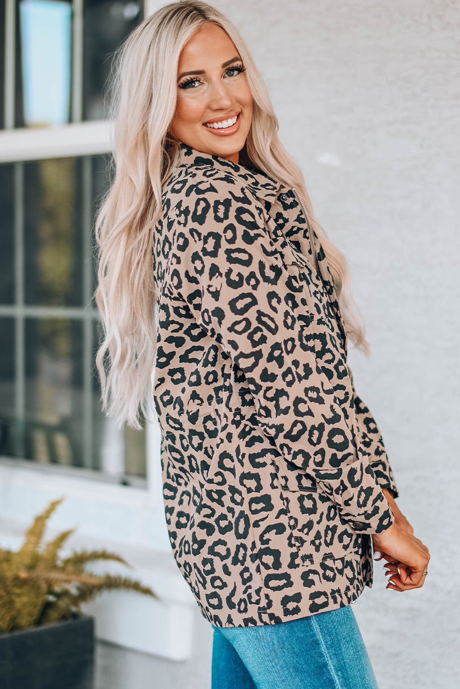 Leopard Drawstring Waist Shirt Jacket with Pockets