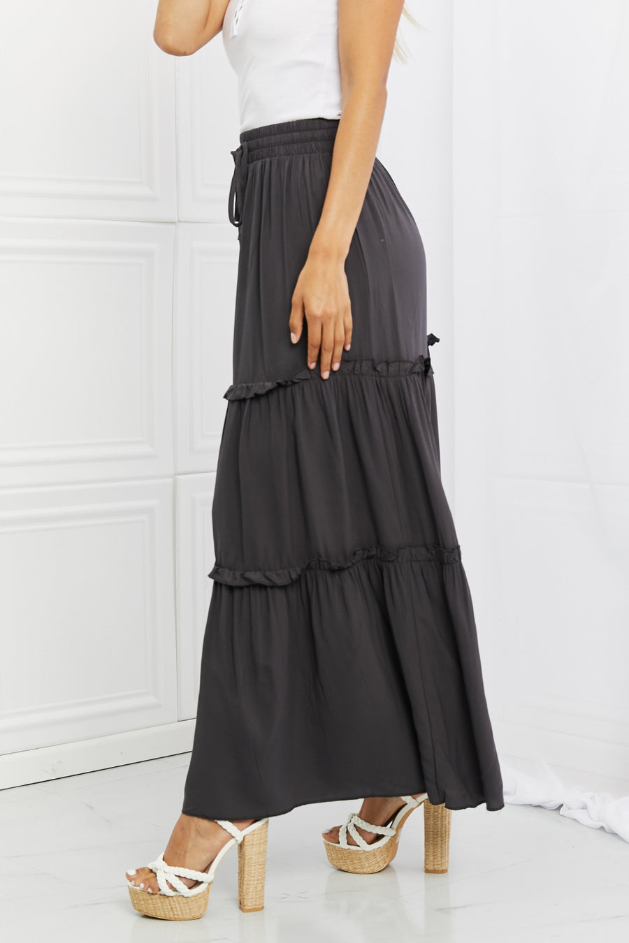 Zenana Summer Days Full Size Ruffled Maxi Skirt in Ash Grey