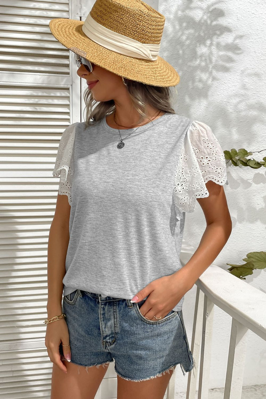 Two-Tone Eyelet Flutter Sleeve Spliced Top