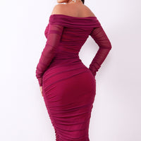 Off-Shoulder Ruched Midi Bodycon Dress