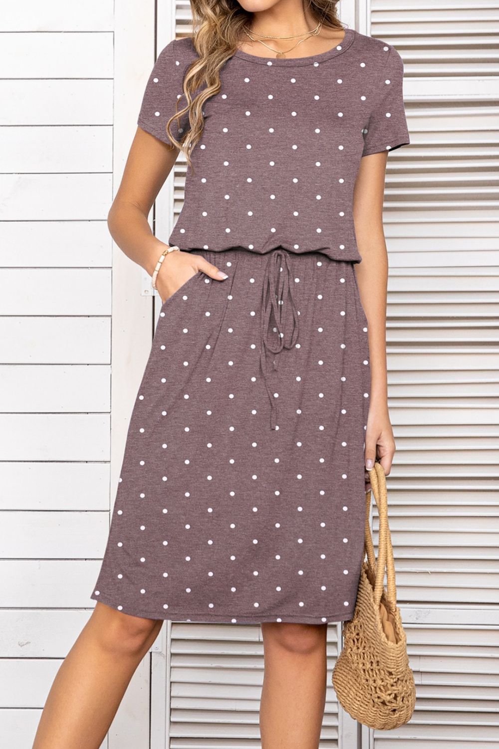 Round Neck Short Sleeve Slit Dress with Pockets