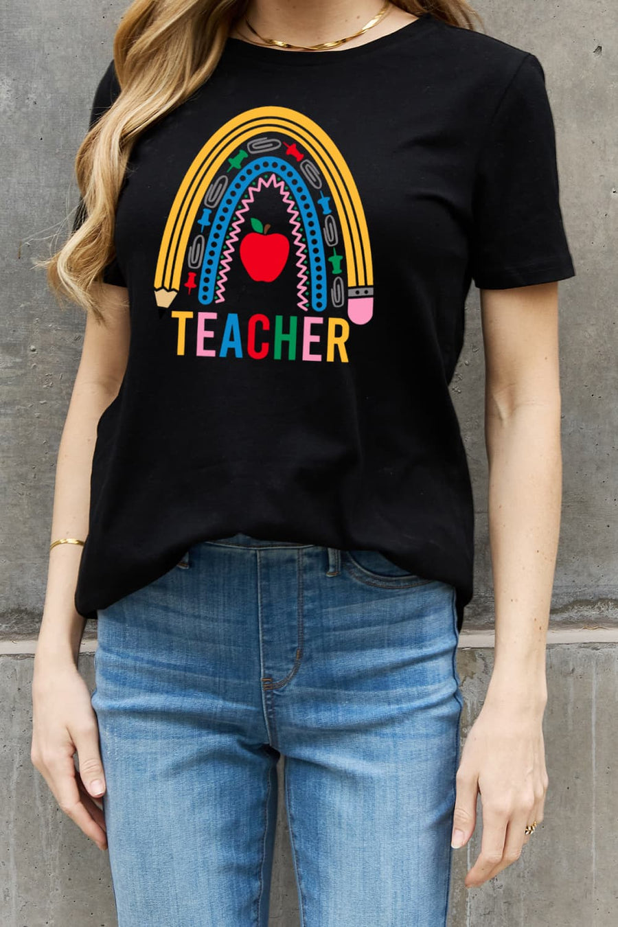 Simply Love Full Size TEACHER Rainbow Graphic Cotton Tee