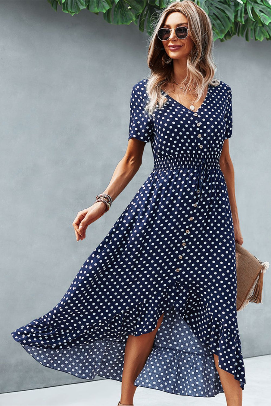 Polka Dot Ruffle Hem V-Neck Short Sleeve Midi Dress