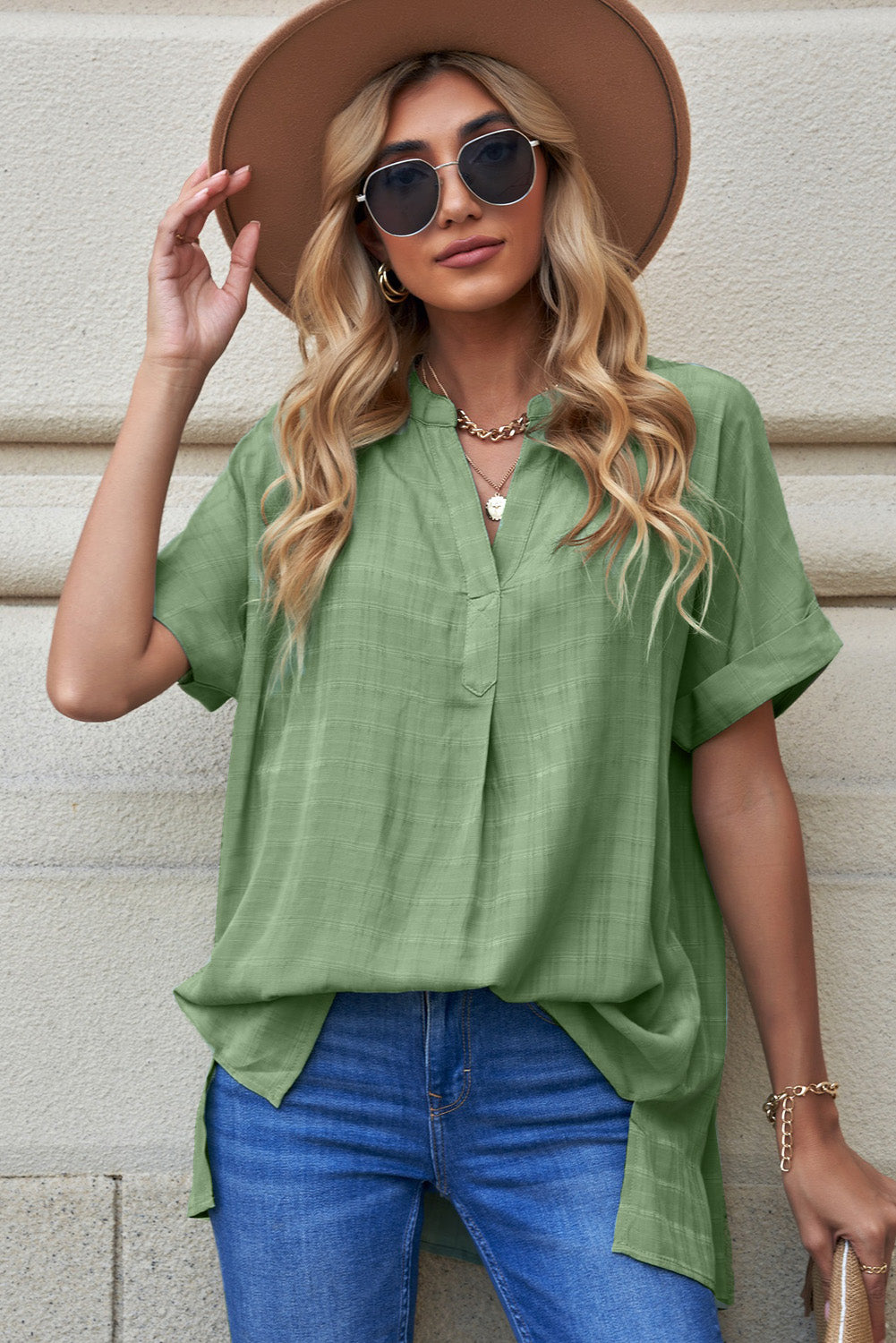 Notched Side Slit Cuffed Blouse