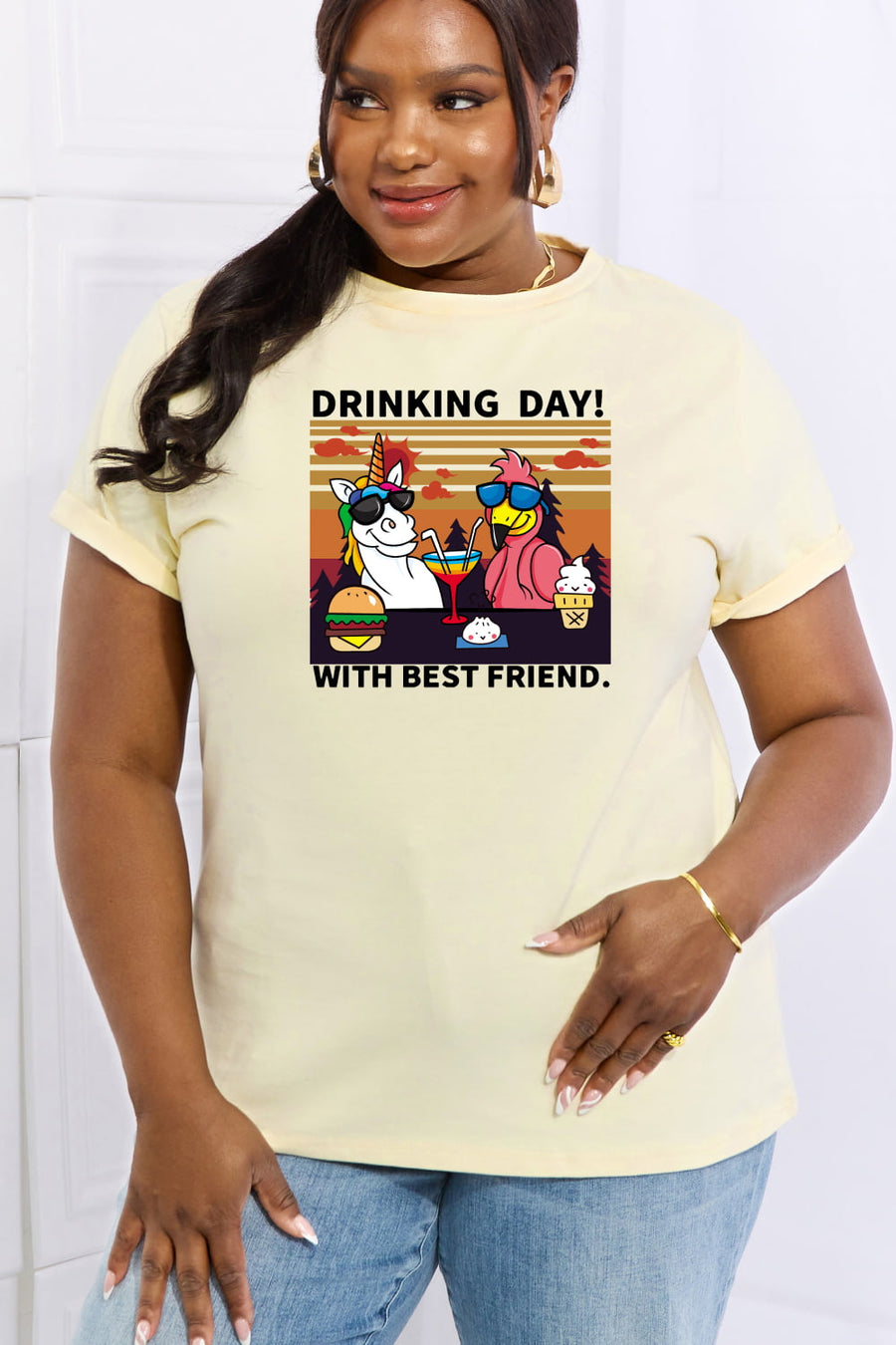 Simply Love Full Size DRINKING DAY! WITH BEST FRIEND Graphic Cotton Tee