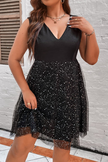 Plus Size Glitter Plunge Sleeveless Dress