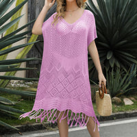 V-Neck Short Sleeve Fringe Hem Knit Dress