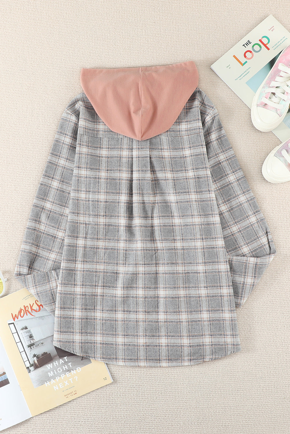 Plaid Drawstring Hooded Shacket