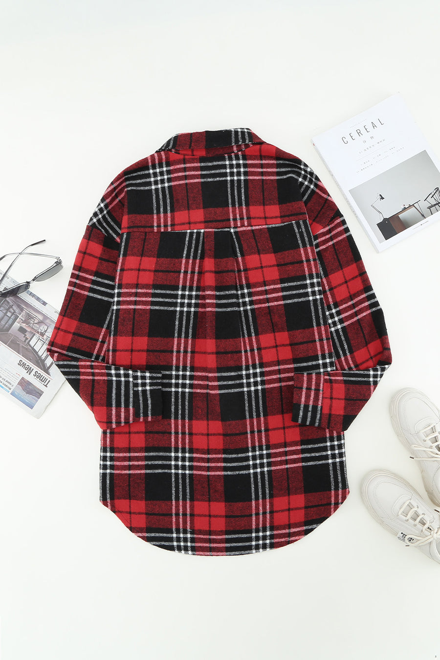 Plaid Curved Hem Longline Shacket