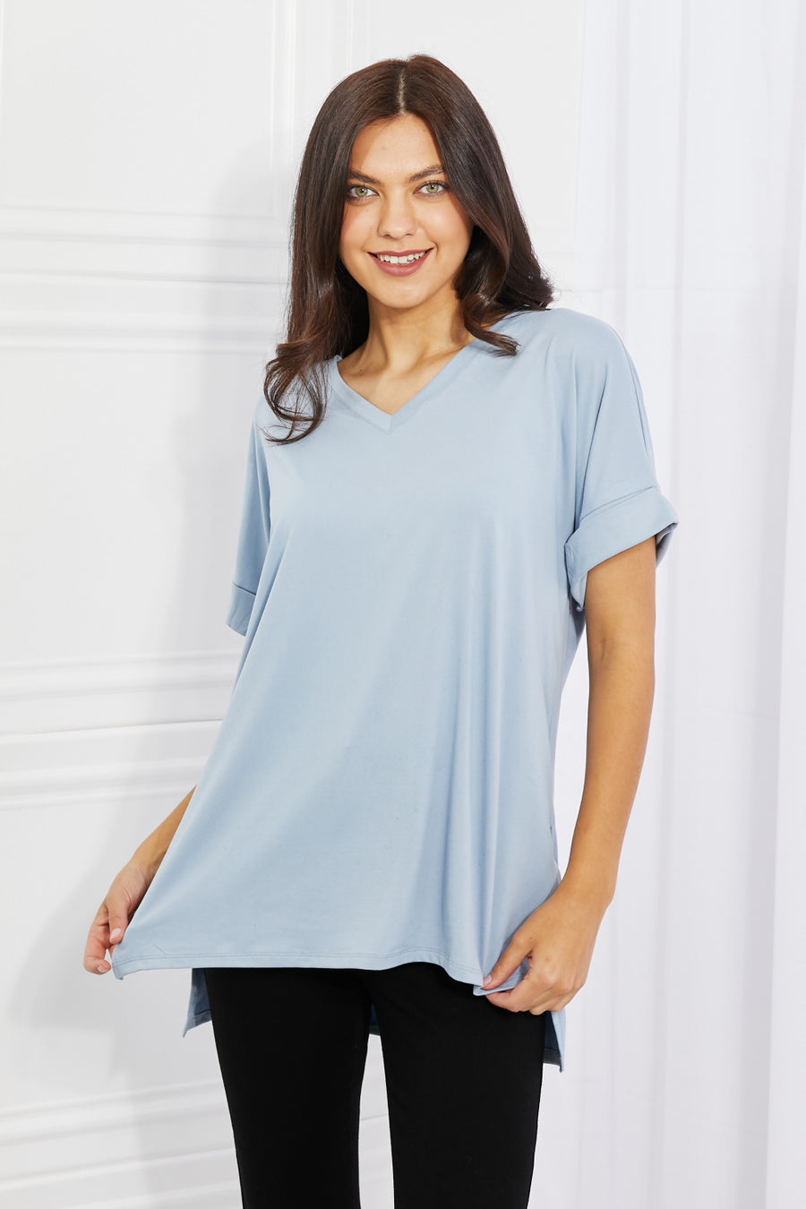 Zenana Simply Comfy Full Size V-Neck Loose Fit Shirt in Blue