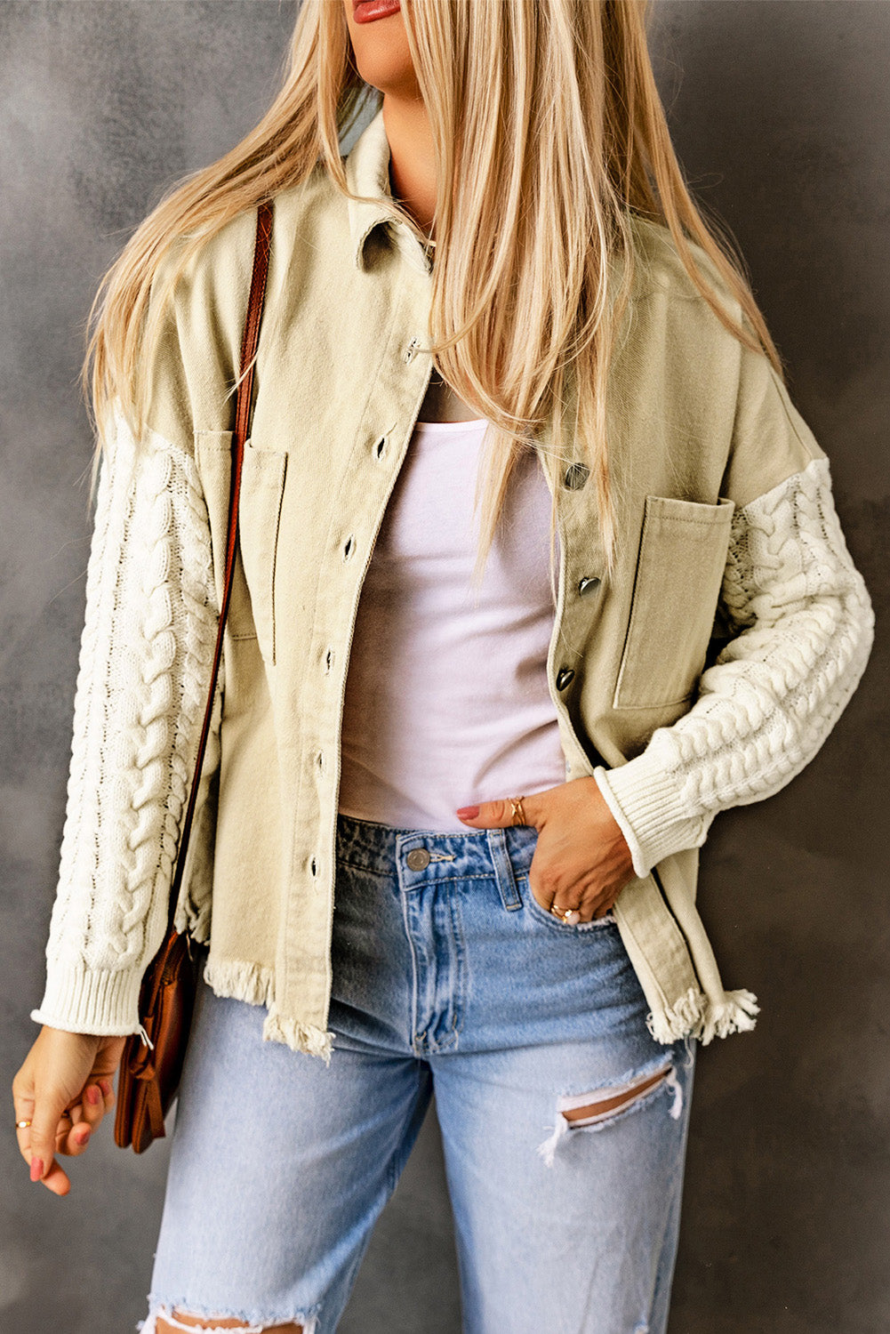 Cable-Knit Fringe Hem Button Down Spliced Jacket