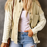 Cable-Knit Fringe Hem Button Down Spliced Jacket