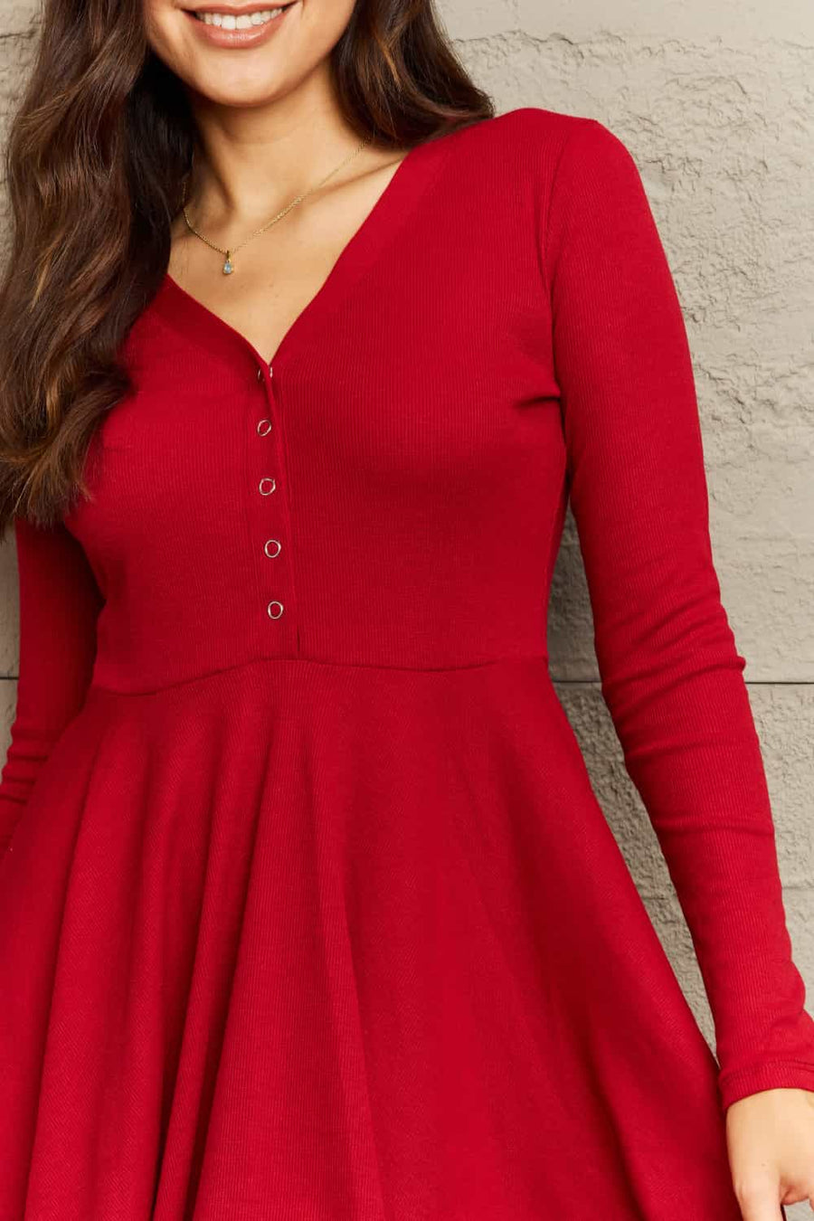 Ninexis V-Neck Buttoned Long Sleeve Mini Dress