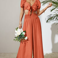 Tie Front Cropped Top and Smocked Wide Leg Pants Set