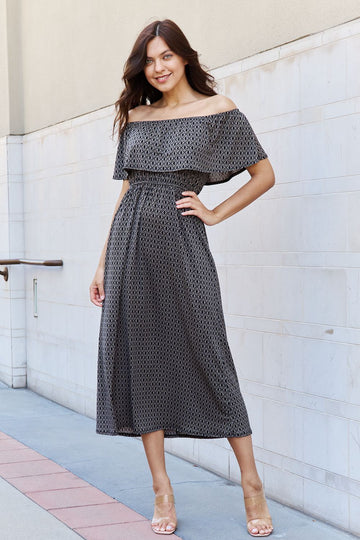 e.Luna My Best Angle Geometric Pattern Off The Shoulder Midi Dress in Black