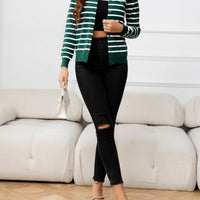 Striped Round Neck Long Sleeve Buttoned Knit Top