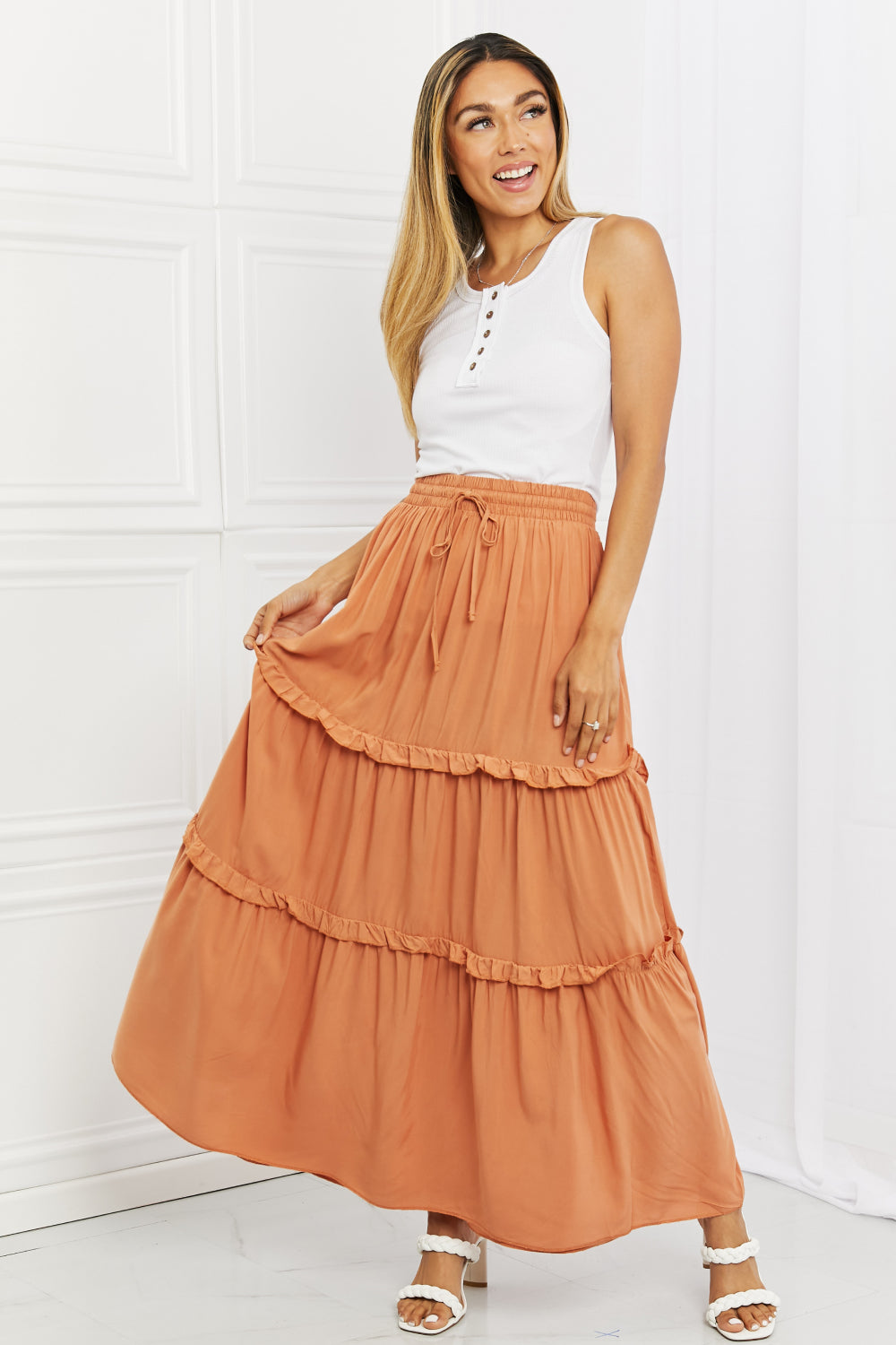 Zenana Summer Days Full Size Ruffled Maxi Skirt in Butter Orange