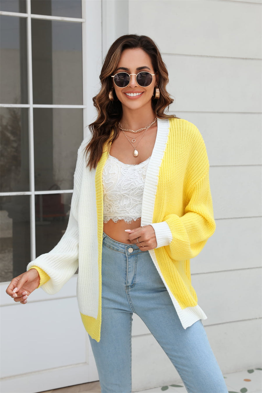 Open Front Contrast Color Balloon Sleeve Cardigan