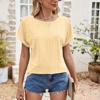 Full Size Round Neck Eyelet Short Sleeve Top