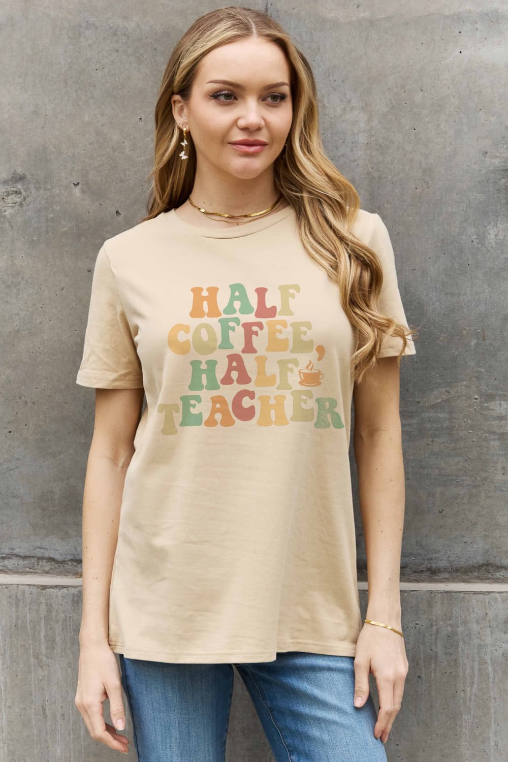 Simply Love Full Size HALF COFFEE HALF TEACHER Graphic Cotton Tee