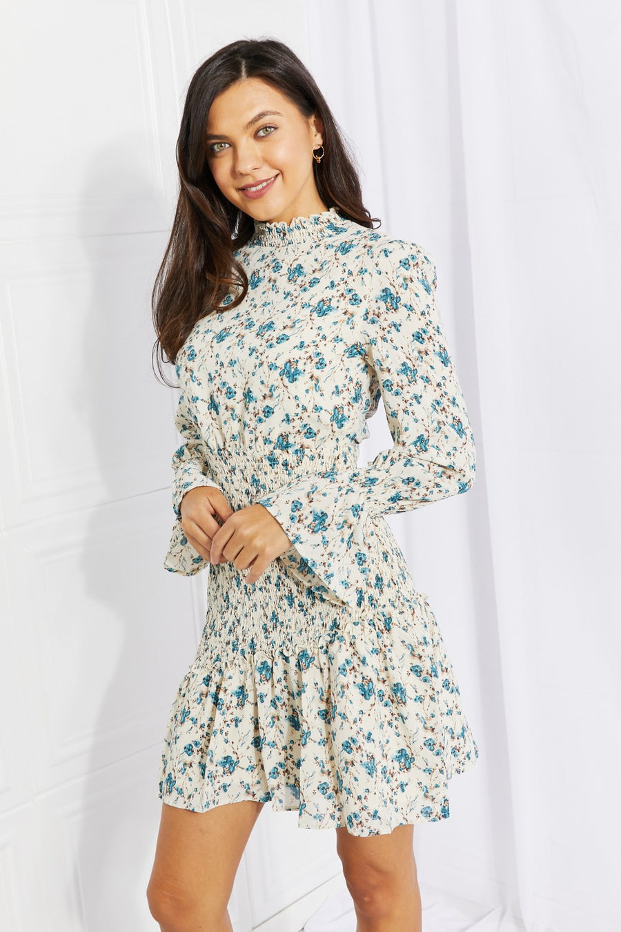 Petal Dew Meadowscape Floral Smocked Mock Neck Mini Dress