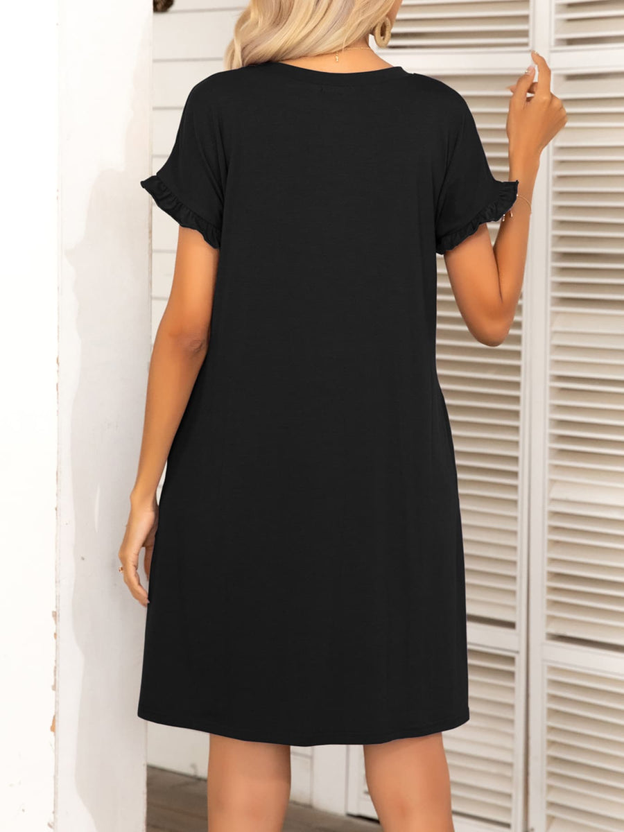 Round Neck Flounce Sleeve Dress with Pockets