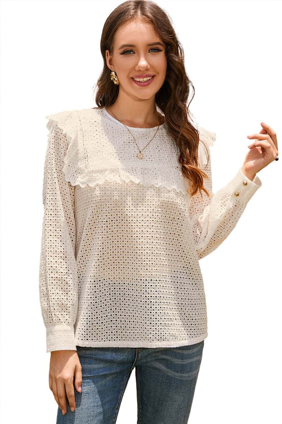 Ruffled Round Neck Eyelet Blouse