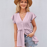 Buttoned V-Neck Ruffle Trim Top