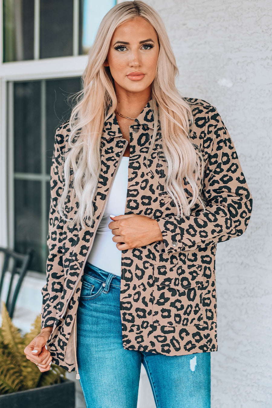 Leopard Drawstring Waist Shirt Jacket with Pockets