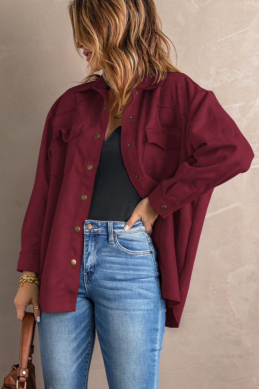 Suede Snap Front Dropped Shoulder Shirt Jacket