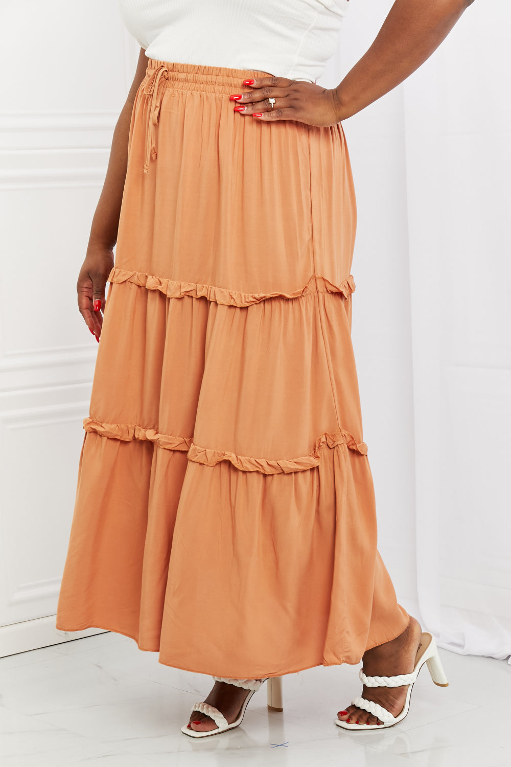 Zenana Summer Days Full Size Ruffled Maxi Skirt in Butter Orange