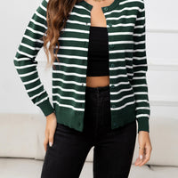 Striped Round Neck Long Sleeve Buttoned Knit Top