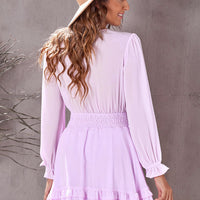 Tied Plunge Smocked Waist Flounce Sleeve Dress