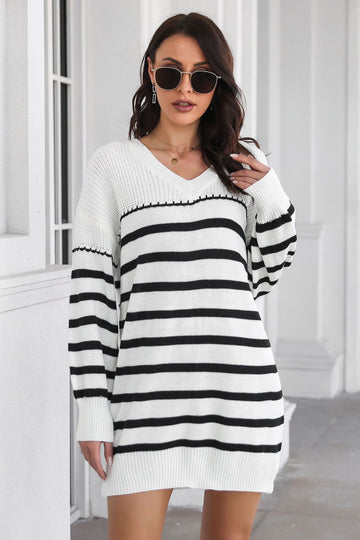 Striped V-Neck Drop Shulder Sweater Dress