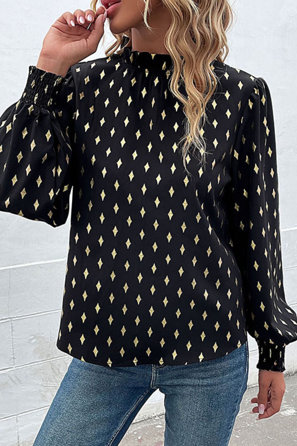 Geometric Print Frill Neck Lantern Sleeve Blouse