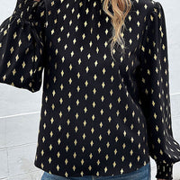 Geometric Print Frill Neck Lantern Sleeve Blouse