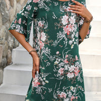 Floral Print Round Neck Flounce Sleeve Mini Dress