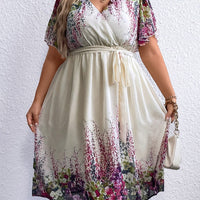 Plus Size Floral Tie Waist Surplice Neck Dress