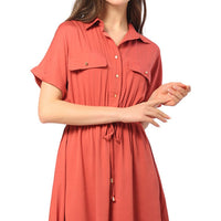 Half Button Drawstring Waist Short Sleeve Shirt Dress