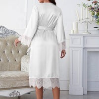 Scalloped Trim Tie-Waist Spliced Lace Robe