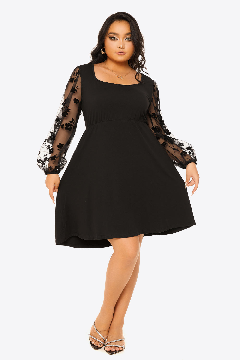 Plus Size Floral Mesh Sleeve Empire Waist Dress