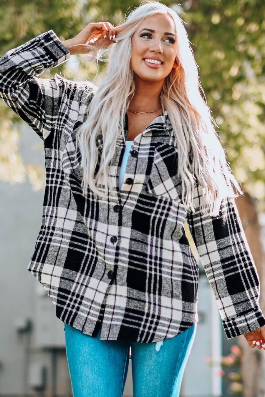 Plaid Curved Hem Longline Shacket