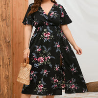 Plus Size Floral Short Sleeve Split Dress